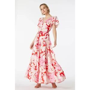 ELLIATT Small Gisli Linen Maxi Dress Tiered Floral Print Flutter Sleeve Feminine